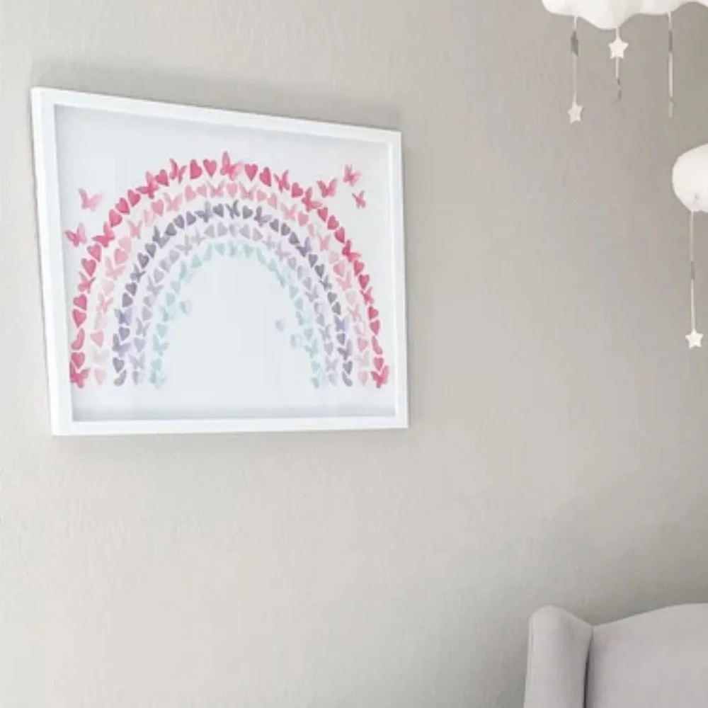 Framed Butterfly Heart Rainbow Wall Art White Decor